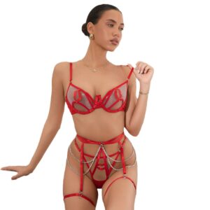 Sexy see-through lingerie set with lip chain for Valentine's Day - four-piece set for women