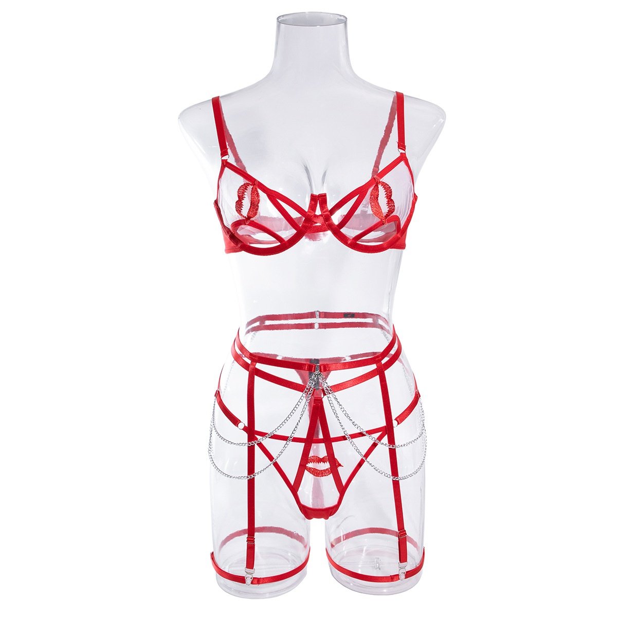 Sexy see-through lingerie set with lip chain for Valentine's Day - four-piece set for women - Image 7