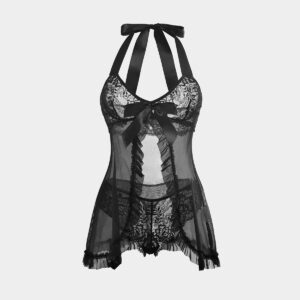 Sheer Mesh Lingerie Bow-Tie Sexy Ultra-Thin Lace Halter Neck Women's Lingerie Nightgown