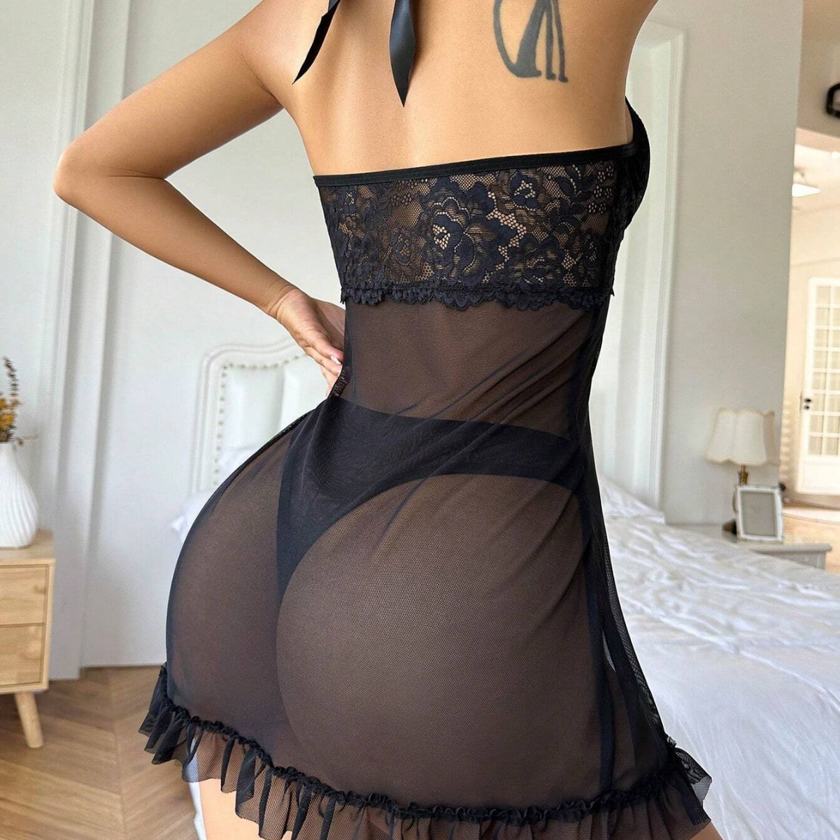Sheer Mesh Lingerie Bow-Tie Sexy Ultra-Thin Lace Halter Neck Women's Lingerie Nightgown - Image 5