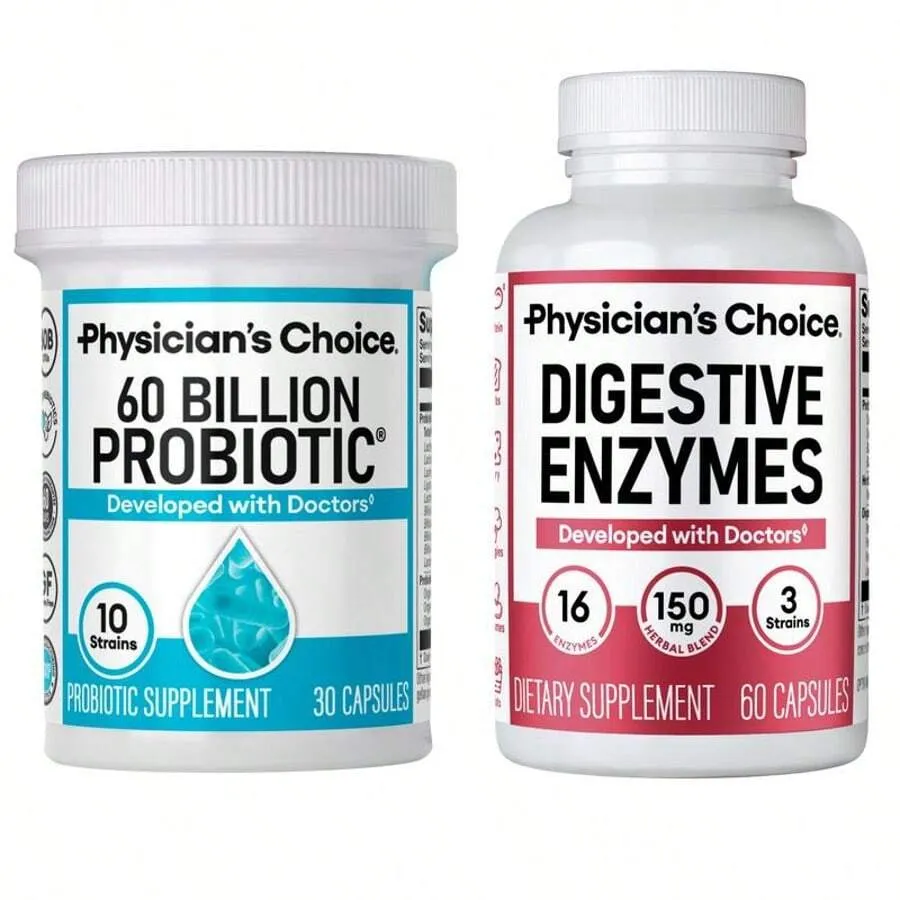 Physician's CHOICE - Optimal Gut Health Bundle: 60 Billion Probiotic 60ct + Digestive Enzyme 180ct for Digestive Comfort and Immune Support - Value Bundle