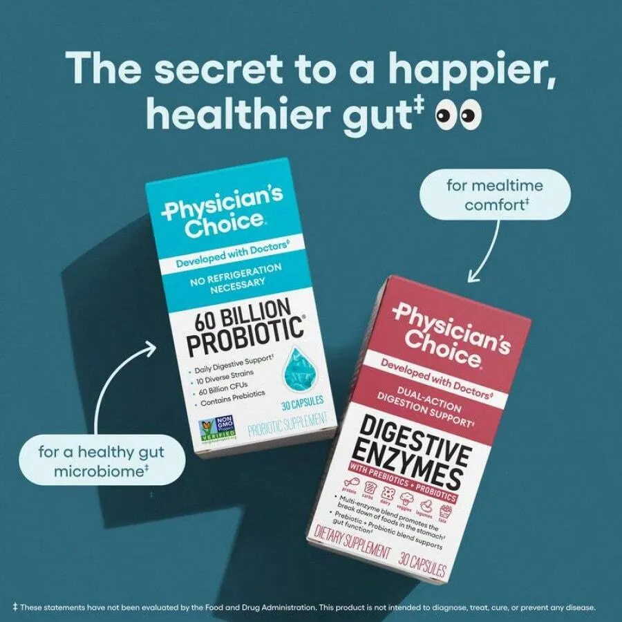 Physician's CHOICE - Optimal Gut Health Bundle: 60 Billion Probiotic 60ct + Digestive Enzyme 180ct for Digestive Comfort and Immune Support - Value Bundle - Image 3