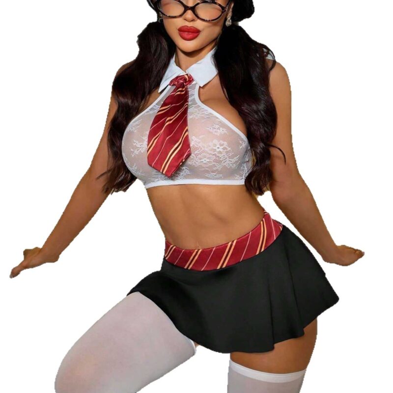 Flirty Teacher Lace Costume Set with Pleated Mini Skirt product detail image