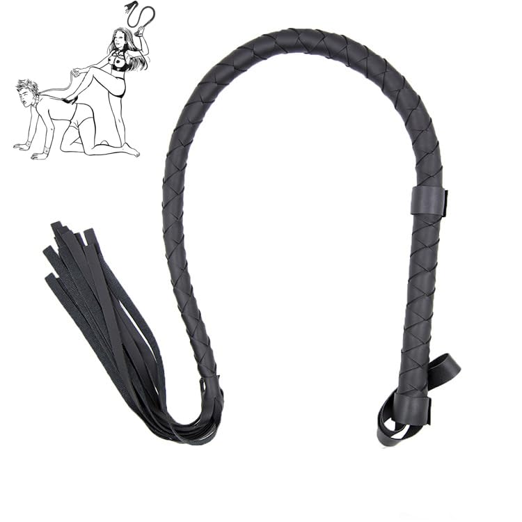 Black PU leather multi-tail flogger with braided handle