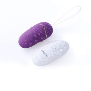 Purple waterproof wireless vibrating egg with white remote control and retrieval strap