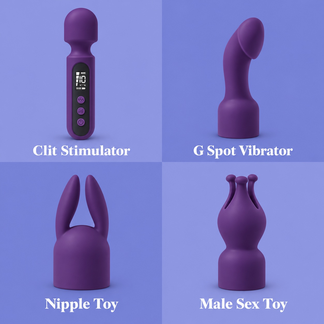Product-only comparison of the wand and three deep-purple attachments