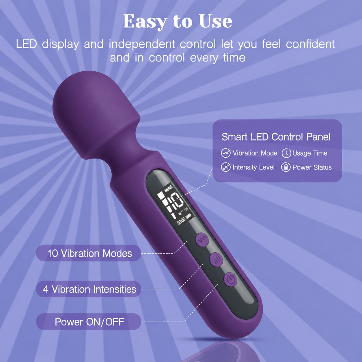 Digital screen and three control buttons on the deep-purple wand