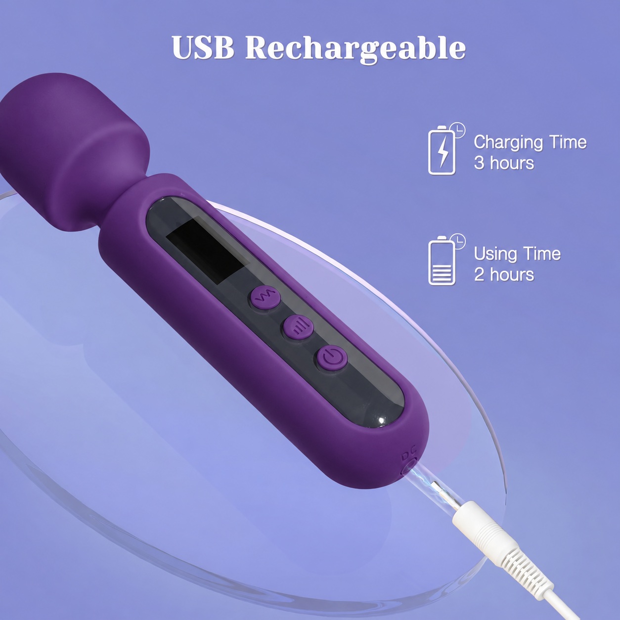 USB charging cable connected to the deep-purple wand base