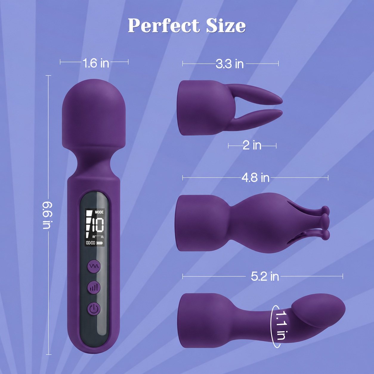 Dimension diagram for the wand and its three attachments