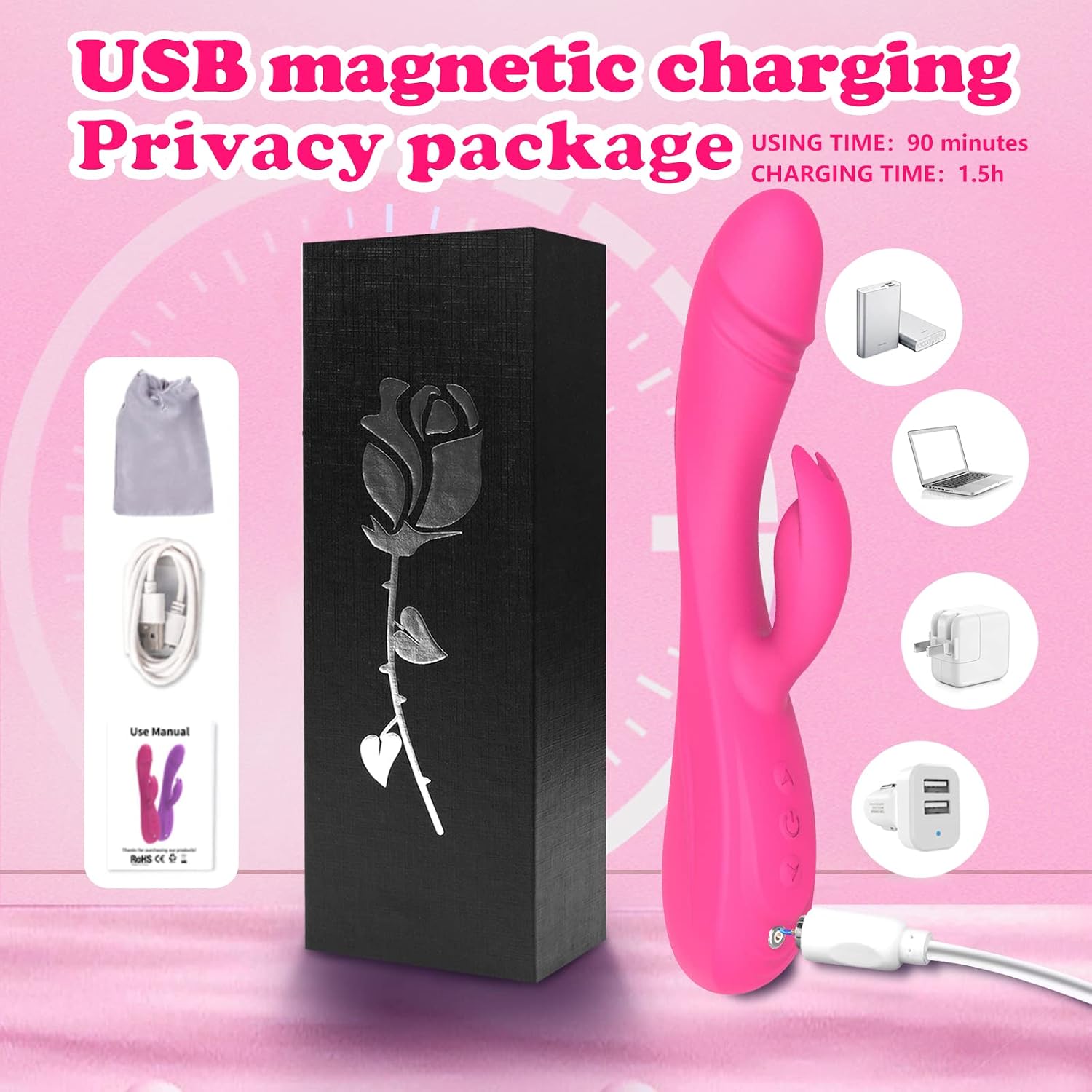 Magnetic USB charging connection on the Rose Pink rabbit vibrator
